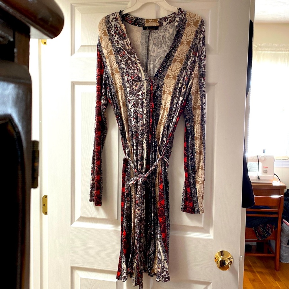 Funky Retro Look Long-Sleeve Surplice Faux Wrap Midi Dress with Self-Tie Belt!